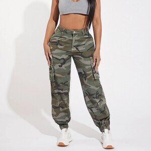 SHEIN SXY Camo Print Flap Pocket Side Cargo Jeans 100% Cotton Army Green Small S